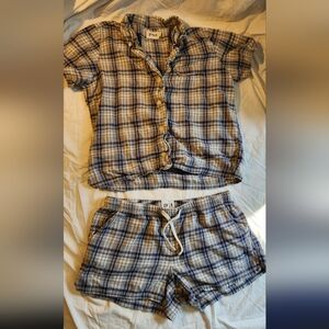 Pact Women's Short-Sleeve Plaid Pajama Set in Blue and Cream